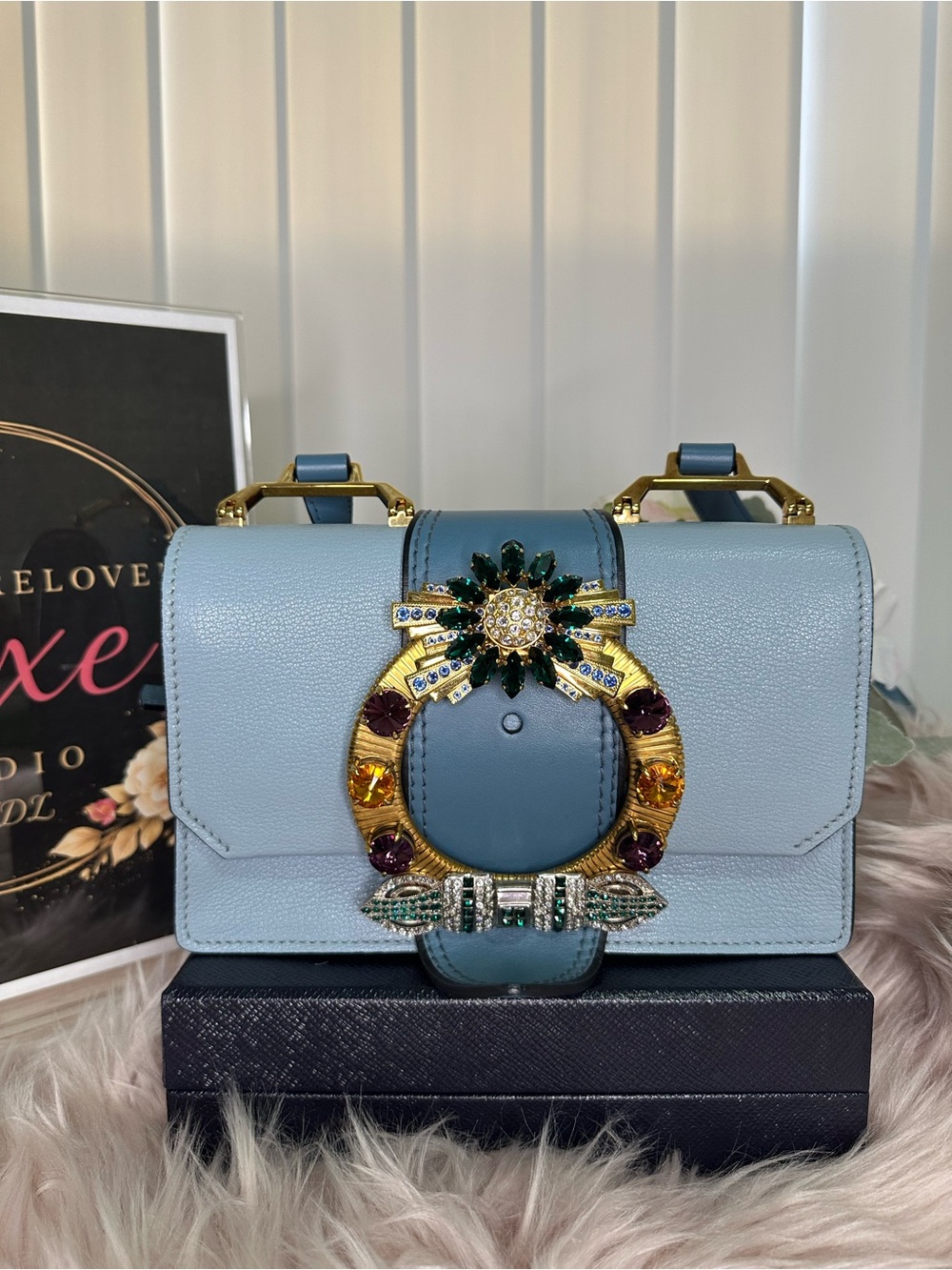 MIUMIU Elegant Blue Leather Crossbody Bag with Jeweled Buckle